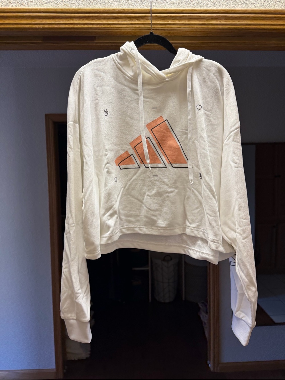 adidas Cream Cropped Hoodie with Peach Logo Print